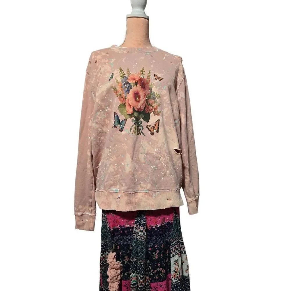 Custom Upcycled Pink Floral Bouquet Handpainted Sweatshirt